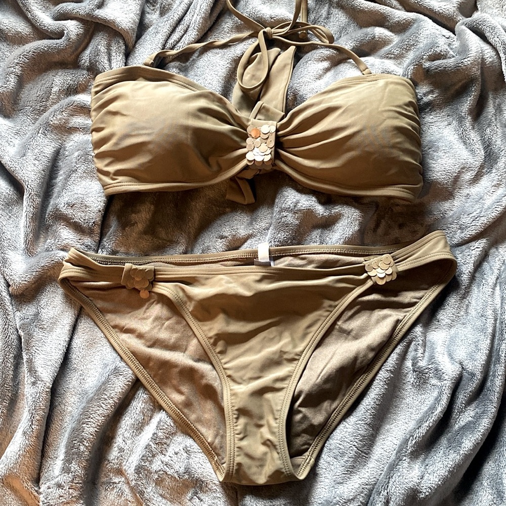 AERIE Army Green Bandeau Bikini w/ Removable Neck Tie - LG Bottom, XL Top